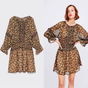 Zara Boho Floral Beaded Smocked Chiffon Peasant Mini Dress Small